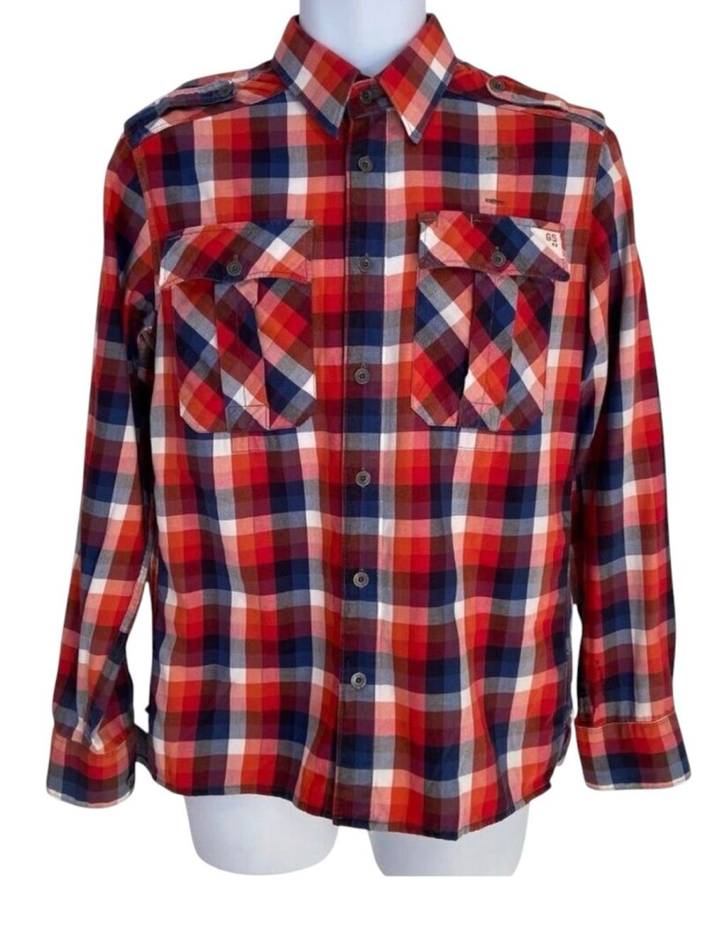 G-Star Raw Men’s Red Blue Plaid Button-Up Shirt Epaulets Size M Streetwear